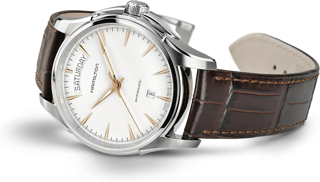 Hamilton Jazzmaster Automatic Men's Watch, 40mm Stainless Steel Case, Swiss Made, White Dial Analog Wrist Watch for Men, 50m Waterproof, Sapphire Crystal, Calf Leather Strap