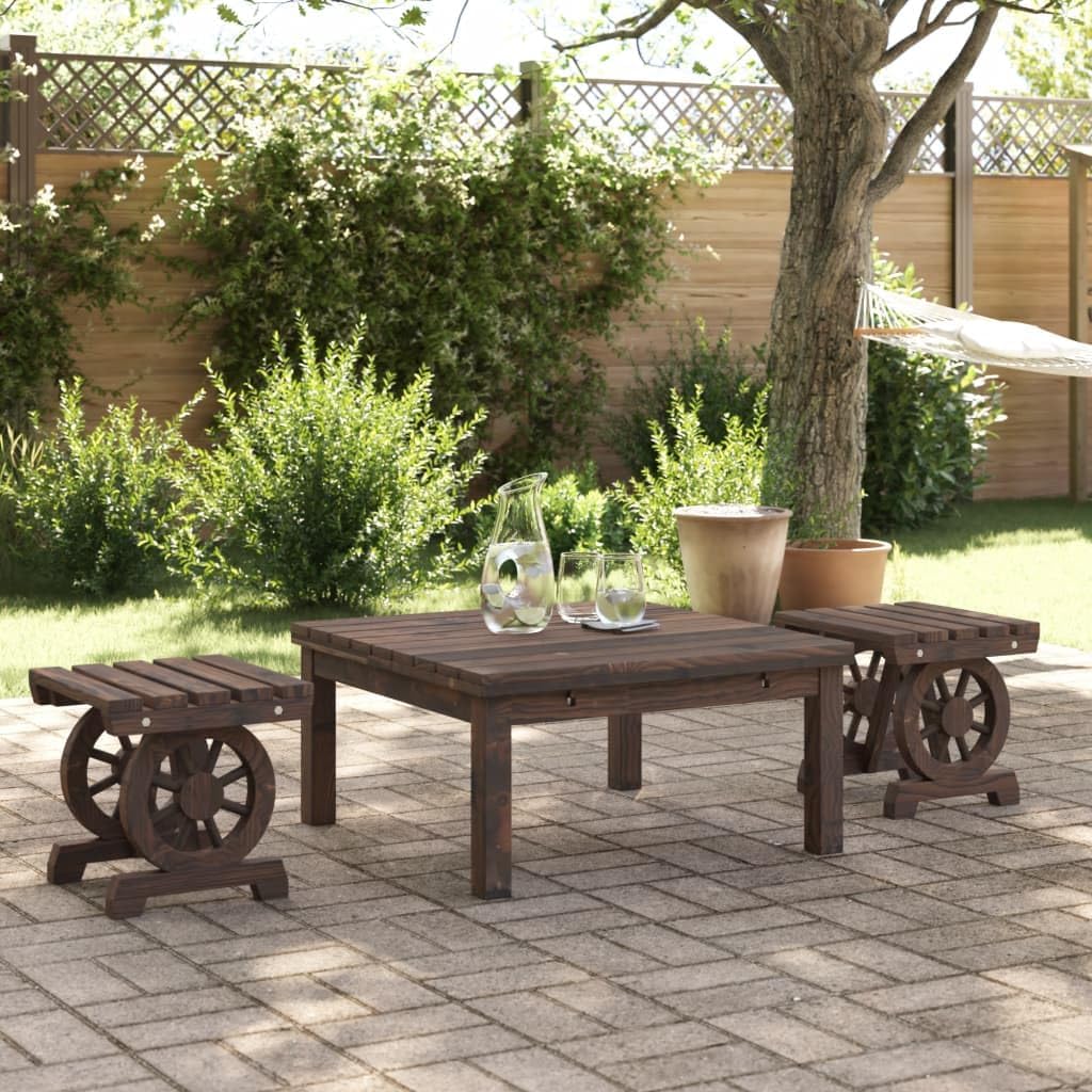 Solid Wood Fir Patio Footstools 2-Pack Outdoor Ottoman with Wagon Wheel Design 15.7x14.4x15.2 Inch Natural Burnt Look for Garden Terrace and Lounge Areas