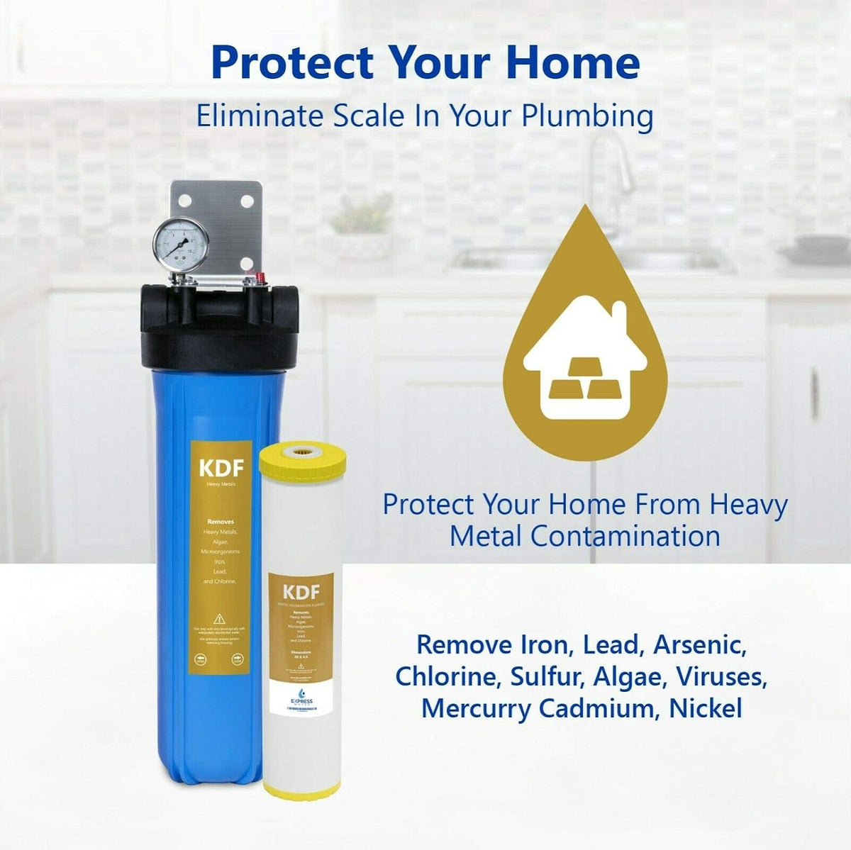Express Water Whole House Water Filter, 1 Stage Home Water Filtration System, KDF Heavy Metal Filter, Includes Pressure Gauges, Easy Release, and 1 Inch Connections.