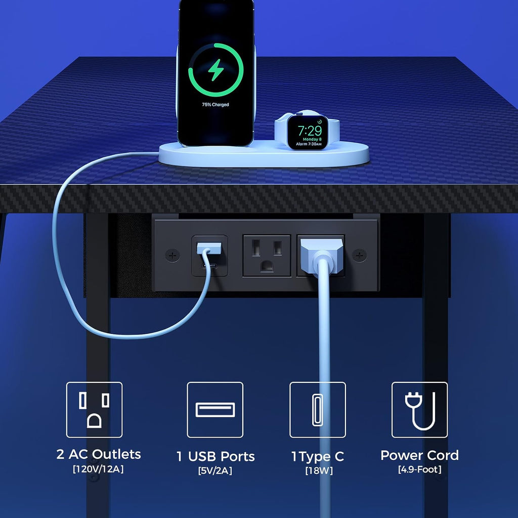 MAHANCRIS Printer Stand and Computer Desk Bundle, 3-Tier Rolling Printer Table with Power Outlets and 2 USB Ports, Computer Desk with Charging Station and LED Light PTHB78E01-CDHS134E01