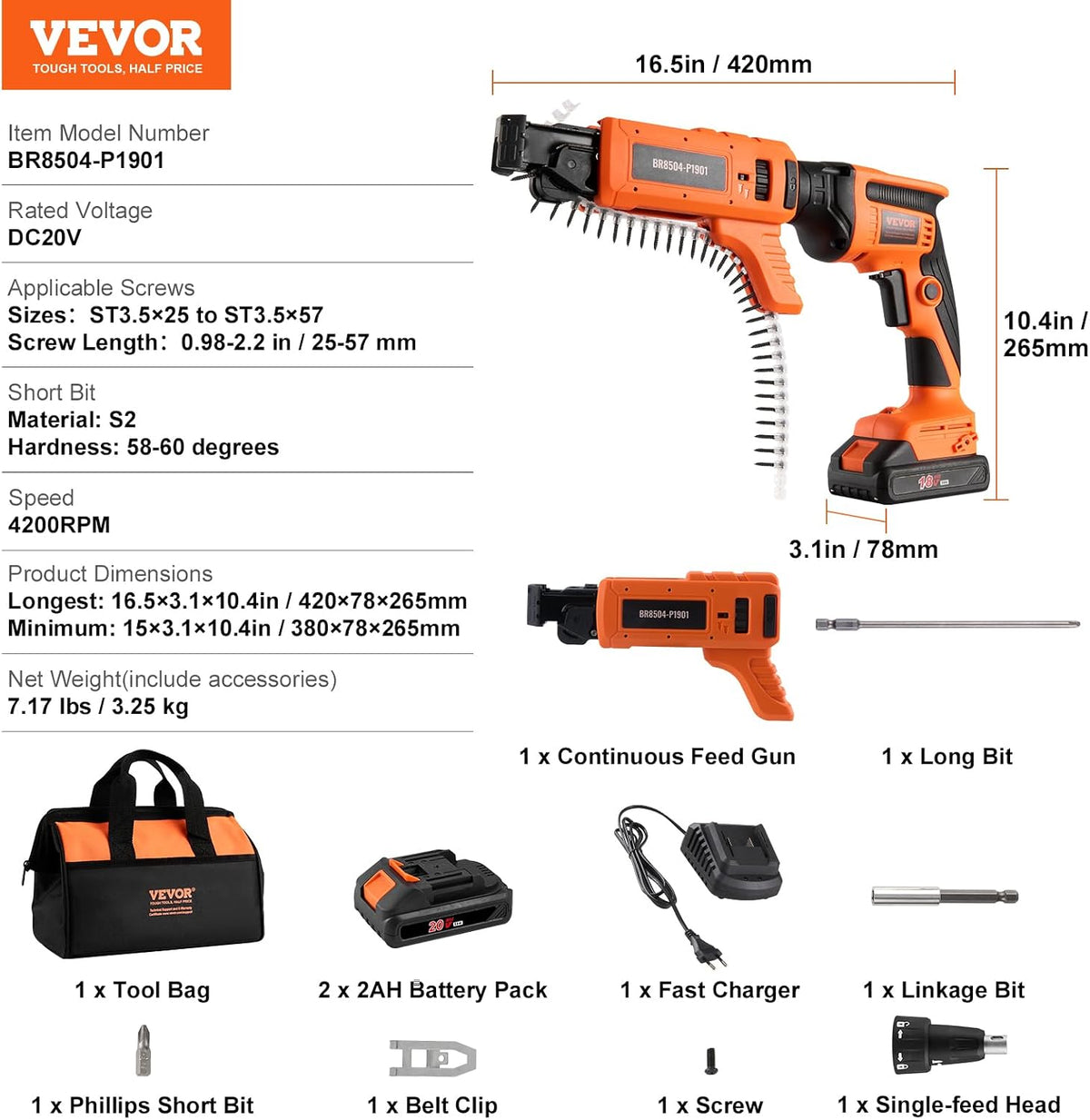 VEVOR Drywall Screw Gun Auto-Feed, 20V Max Collated Drywall Screwgun, 4200RPM Brushless Cordless Drywall Gun Kit with 2 Battery Packs, Belt Clip, Charger, Tool Bag, Screw Length and Depth Adjustable