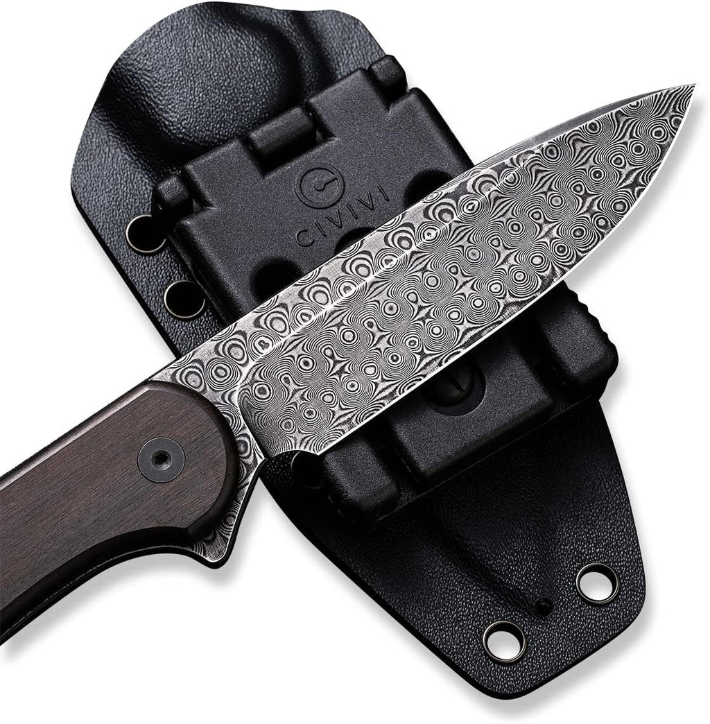 CIVIVI Fixed Blade Elementum Knife 3.98' Damascus Blade, Black Ebony Wood Handles, Belt Knife with Kydex Sheath, Tied Paracord Lanyard, Clip for Outdoor EDC C2105-DS1