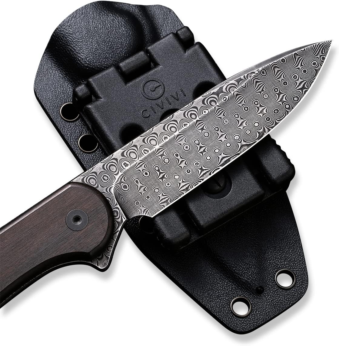 CIVIVI Fixed Blade Elementum Knife 3.98' Damascus Blade, Black Ebony Wood Handles, Belt Knife with Kydex Sheath, Tied Paracord Lanyard, Clip for Outdoor EDC C2105-DS1