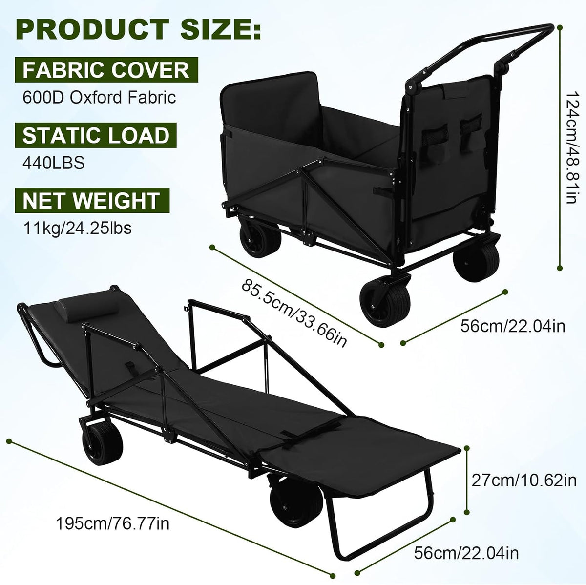 Generic 2-in-1 Foldable Wagons Carts 440lbs Capacity Folding Wagon with All-Terrain Wheels for Sports Garden Shopping Camping