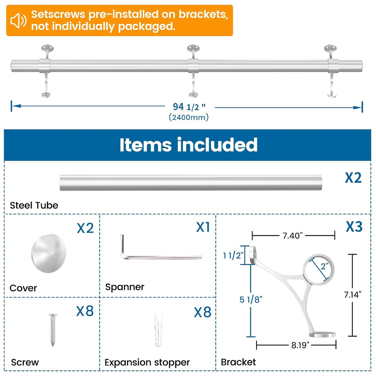 Muzata 8ft Bar Foot Rail Kit Undercounter Mount Hardware and Tubing Complete Kit 2'' OD Stainless Steel Brushed Finish for Indoor and Outdoor HF20 SL4