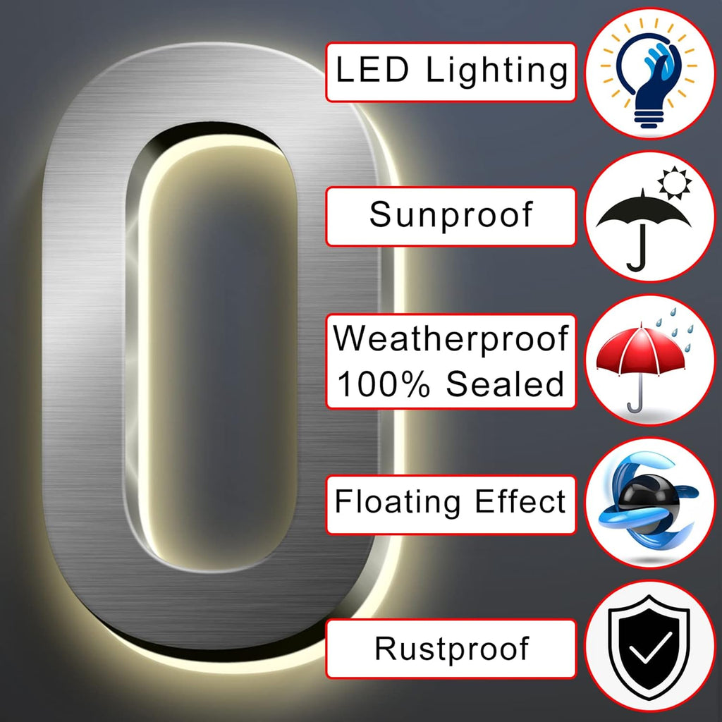 Backlit Floating LED House Number Signs, Brushed Silver, Address Signs Lighted Plaque, Outdoor/Indoor, Modern, Weatherproof And Corrosion Resistant, Day & Night,14 Inch/35cm,8