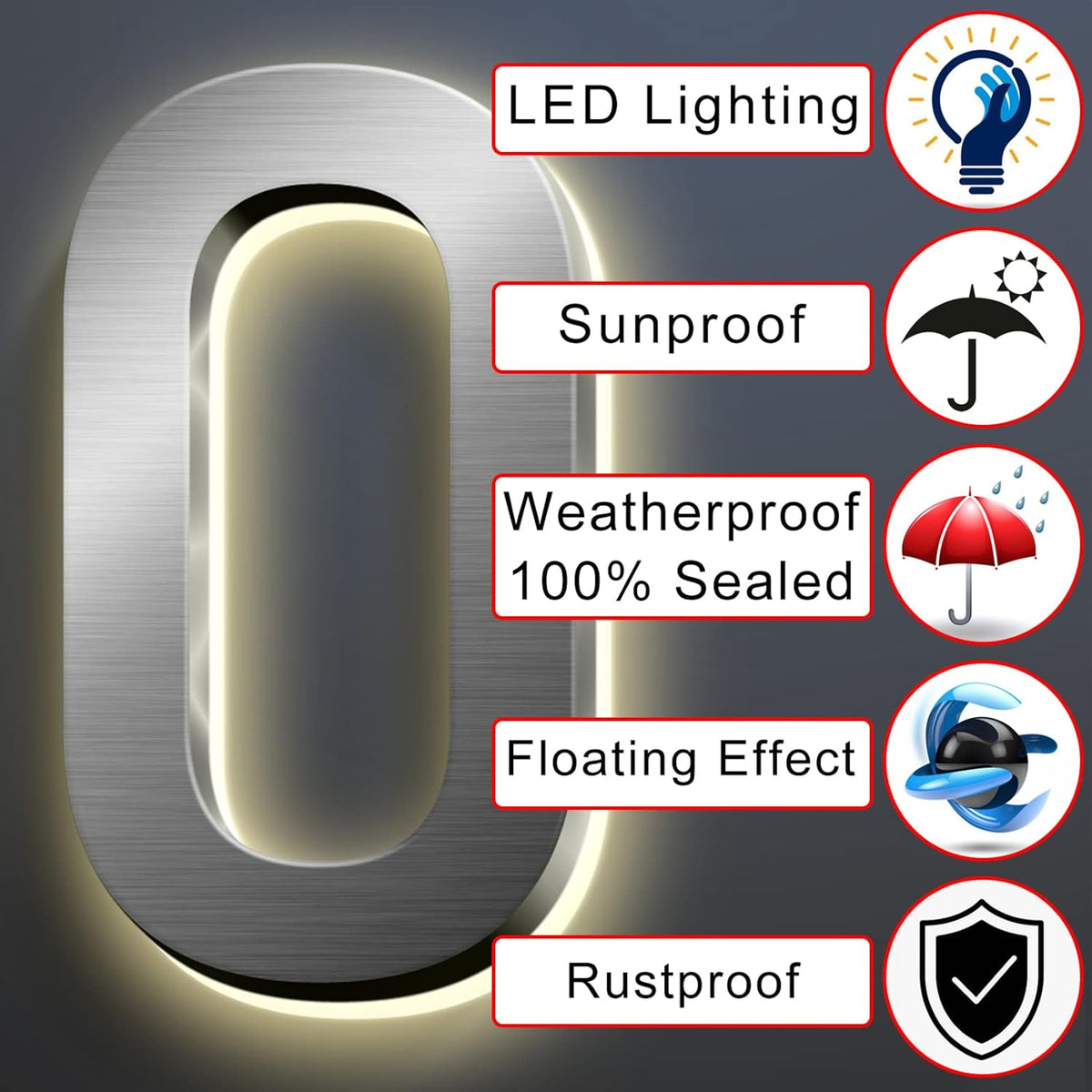 Backlit Floating LED House Number Signs, Brushed Silver, Address Signs Lighted Plaque, Outdoor/Indoor, Modern, Weatherproof And Corrosion Resistant, Day & Night,14 Inch/35cm,8
