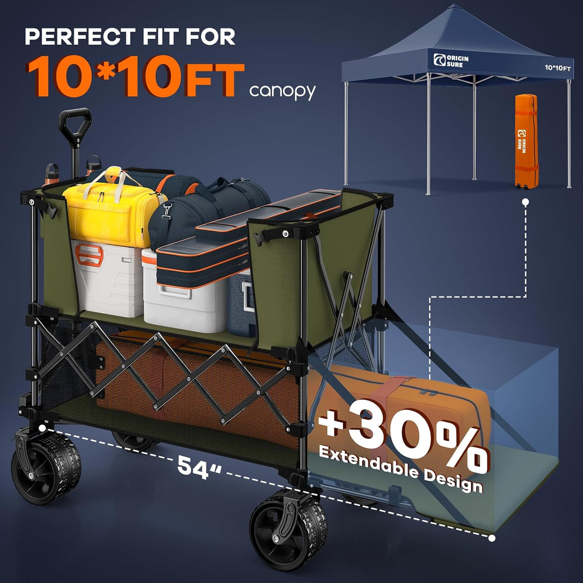 Originsure 400L Double Decker Wagon Collapsible with 54' L Tailgate, 560lbs Heavy Duty Carts Foldable, Extra Large Folding Beach Wagon with Big All-Terrain Wheels for Camping, Sports, Groceries, Green