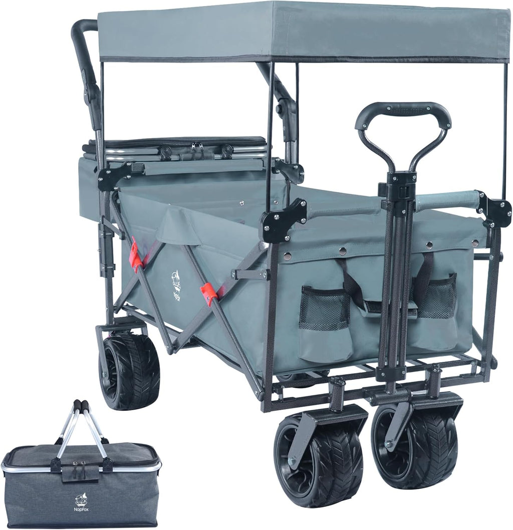 Collapsible Wagon Heavy Duty Folding Wagon Cart with Removable Canopy, 4' Wide Large All Terrain Wheels, Brake, Adjustable Handles,Cooler Bag Utility Carts for Outdoor Garden Wagons Carts Beach Cart