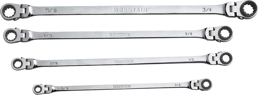 Mountain RF7 SAE Reversible Double Raised Box Ratcheting Wrench Set, Universal Spline, 90 Tooth Design, 180 Degree Rotating Head, Sizes 5/16', 3/8', 7/16', 1/2', 9/16' 5/8', 11/16', 3/4', 4-Piece