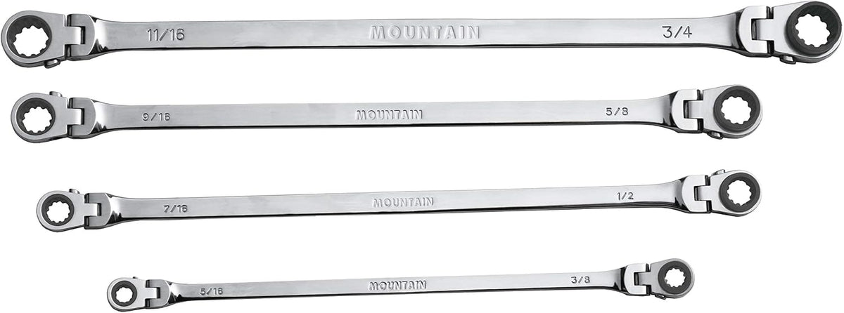 Mountain RF7 SAE Reversible Double Raised Box Ratcheting Wrench Set, Universal Spline, 90 Tooth Design, 180 Degree Rotating Head, Sizes 5/16', 3/8', 7/16', 1/2', 9/16' 5/8', 11/16', 3/4', 4-Piece