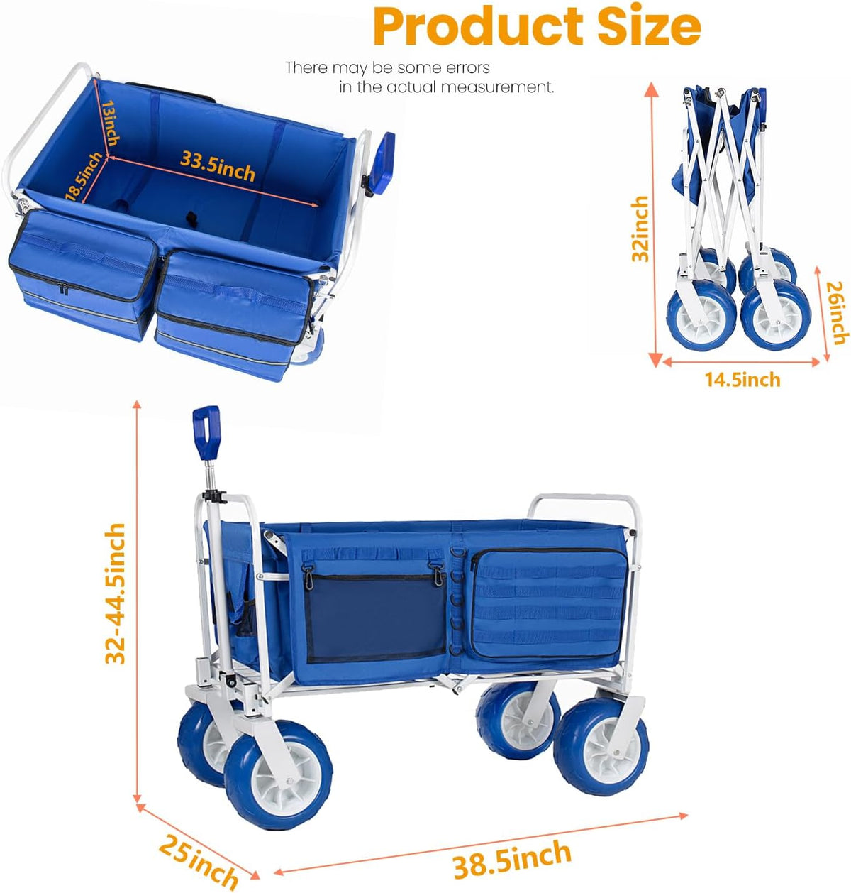 ZeHuoGe Beach Wagon Cart, 500lbs Heavy Duty Collapsible Folding Wagon, Oversized 150L, 9' PVC All-Terrain Wheels, Adjustable Handle, for Beach, Camping, Garden & Outdoor Sports