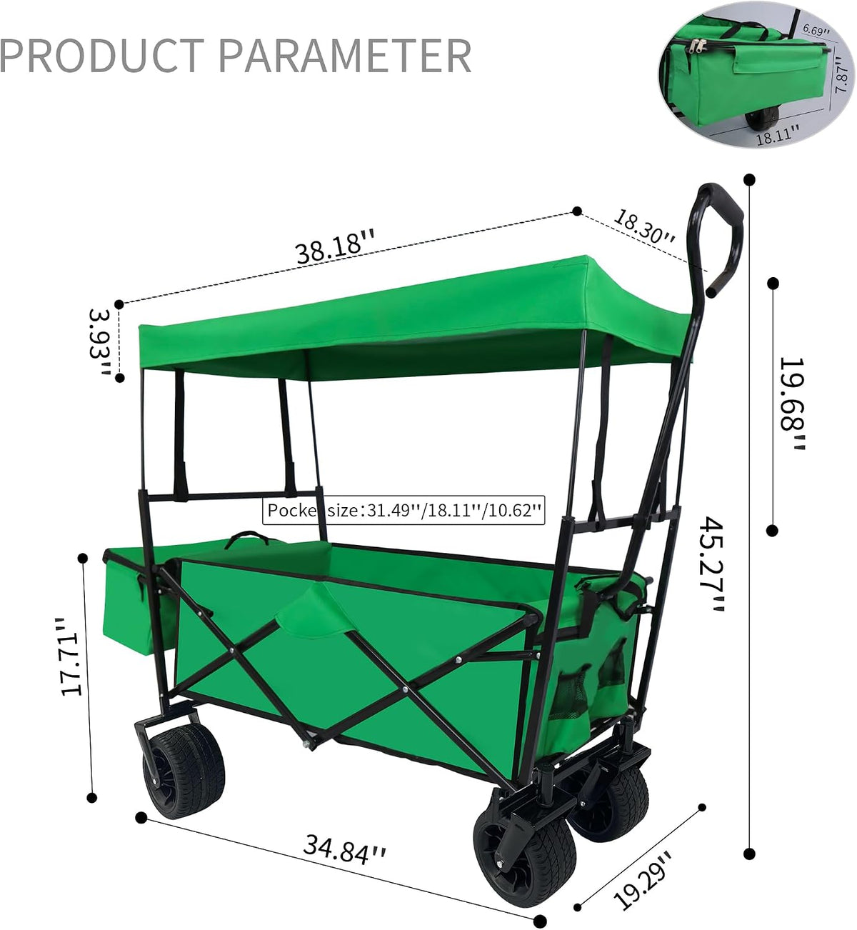 Outdoor Garden Park Wagon with Canopy and Pockets, Foldable Portable Utility Beach Trolley Cart with 7' Wheels for Camping Garden Sports (262LBS Max Weight Capacity) Grass Green As Shown