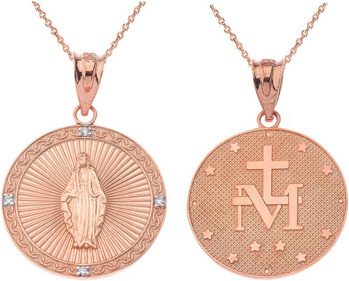 Religious Jewelry Certified 14k Gold Miraculous Medal Of Blessed Virgin Mary Catholic Charm Diamond Necklace