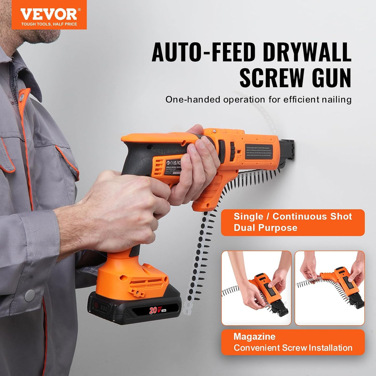 VEVOR Drywall Screw Gun Auto-Feed, 20V Max Collated Drywall Screwgun, 4200RPM Brushless Cordless Drywall Gun Kit with 2 Battery Packs, Belt Clip, Charger, Tool Bag, Screw Length and Depth Adjustable