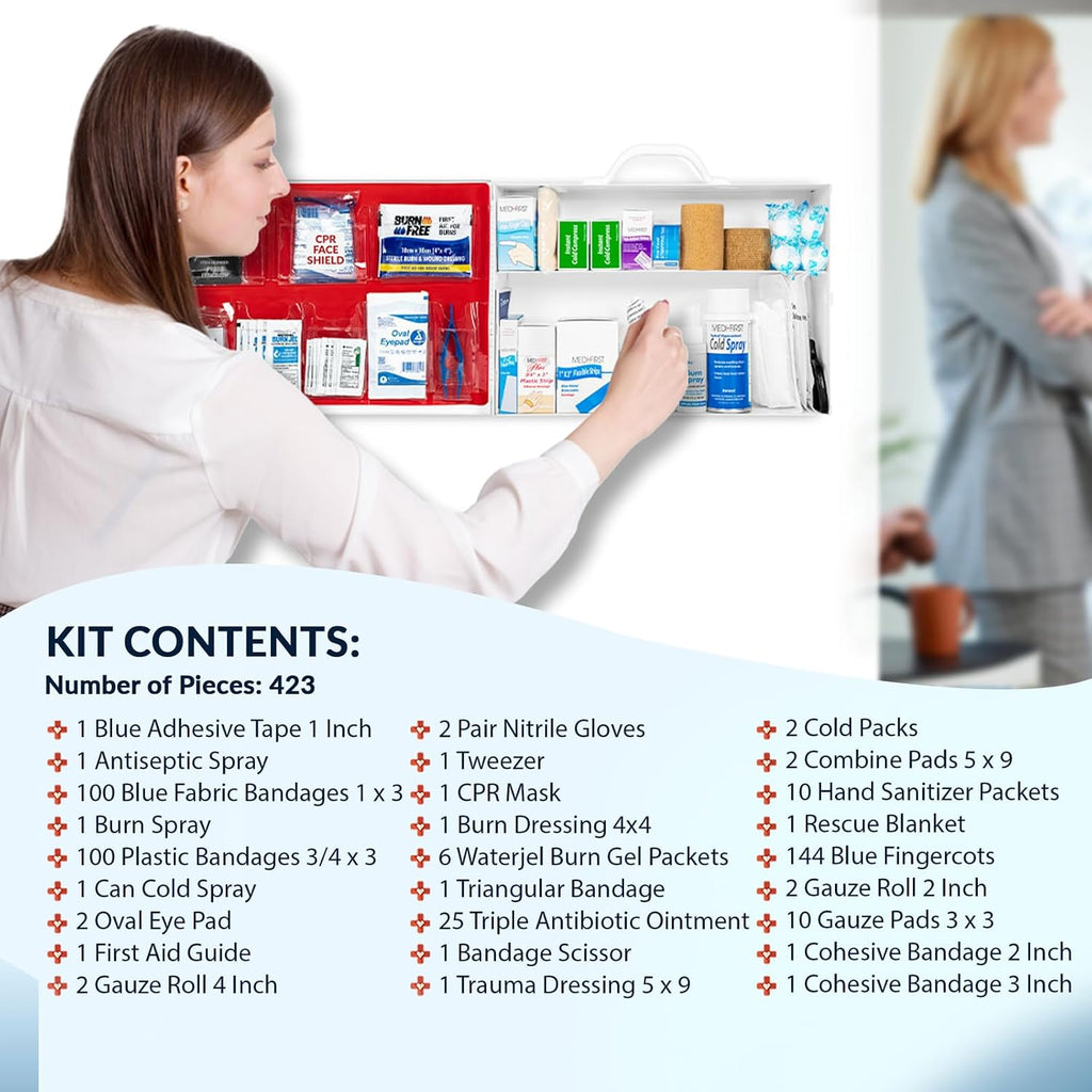 MFASCO Restaurant First Aid Kit - 2 Shelf Metal Cabinet, OSHA 2021 Class A - Catering, Food Service Areas, Food Trucks - Metal First Aid Cabinet Wall Mount for Businesses - Burn Care & Blue Bandages