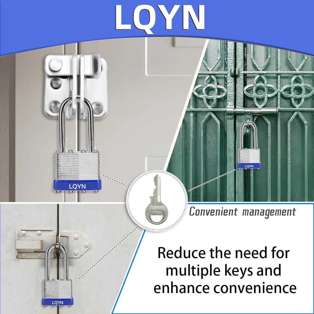 Padlocks with Same Key, LQYN 48 Pcs Laminated Keyed Padlock (1-9/16', 40mm), Keyed Alike Locks, Long Shackle, for Storage Locker, Hasp Latch, Toolbox, Sheds