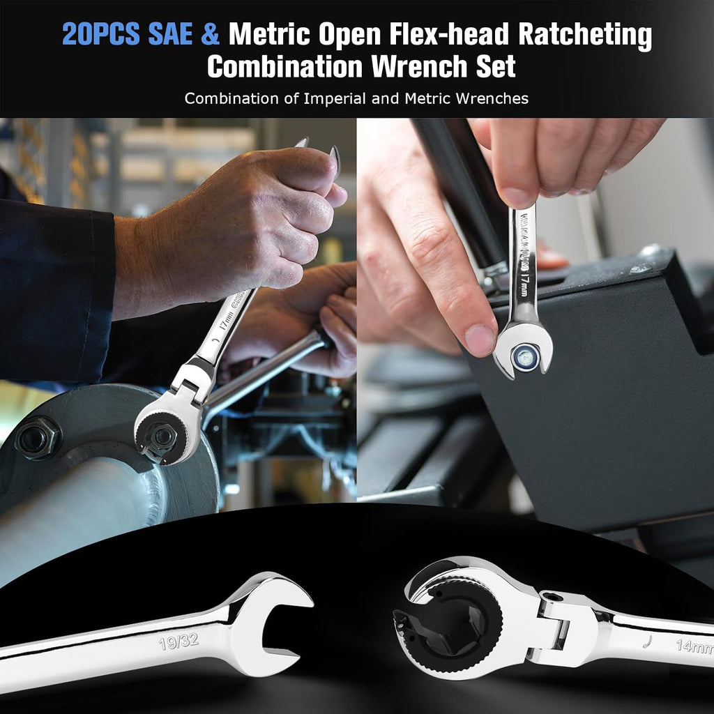 LOSCHEN 20PCS SAE & Metric Ratcheting Combination Wrench Set, with Open Flex-head, Open End Spanner Set with 72-Tooth Gear, CR-V Steel