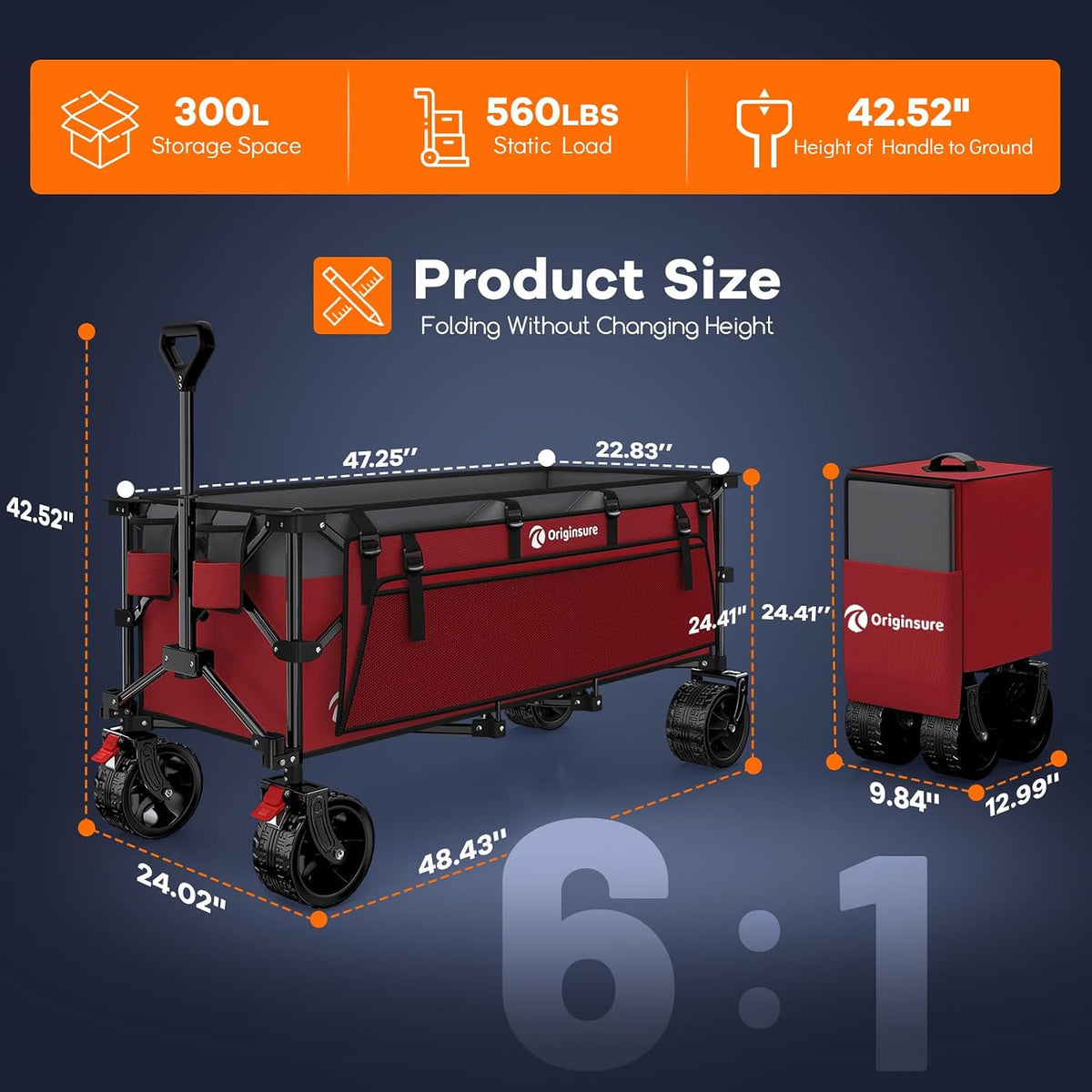 Originsure 48' L Collapsible Wagon Cart Foldable, 560lbs Weight Capacity 300L Heavy Duty Folding Beach Wagons with Big All-Terrain Wheels, Utility Carts for Groceries, Camping, Sports - Grey&Red