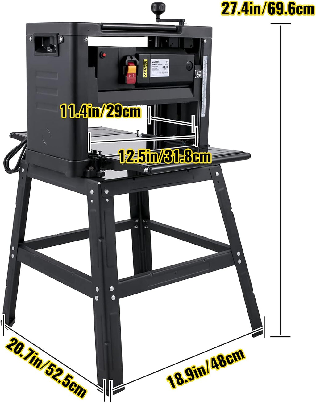 VEVOR Thickness Planer 12.5 inch Wood Planer Foldable 1500W Thickness Planer Woodworking 315'/min Feed Rate Double Cutter Benchtop Thickness Planer with Dust Exhaust Interface Stand for Woodworking