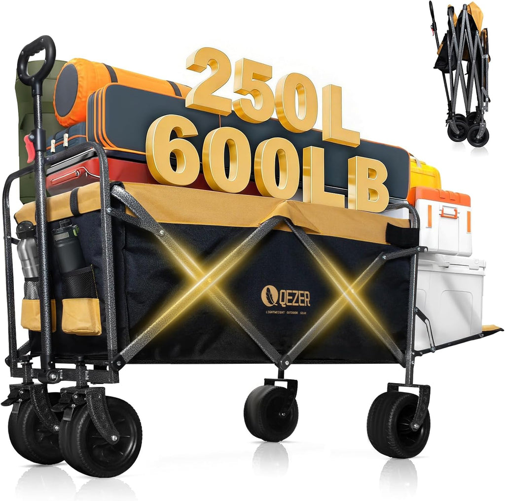 56' Large Collapsible Folding Wagon with Tailgate and Brake, 600LBS Heavy Duty Utility Cart, 250L Large All-Terrain Beach Wagon for Camping Garden Shopping Grocery Sports (Yellow, 250L)