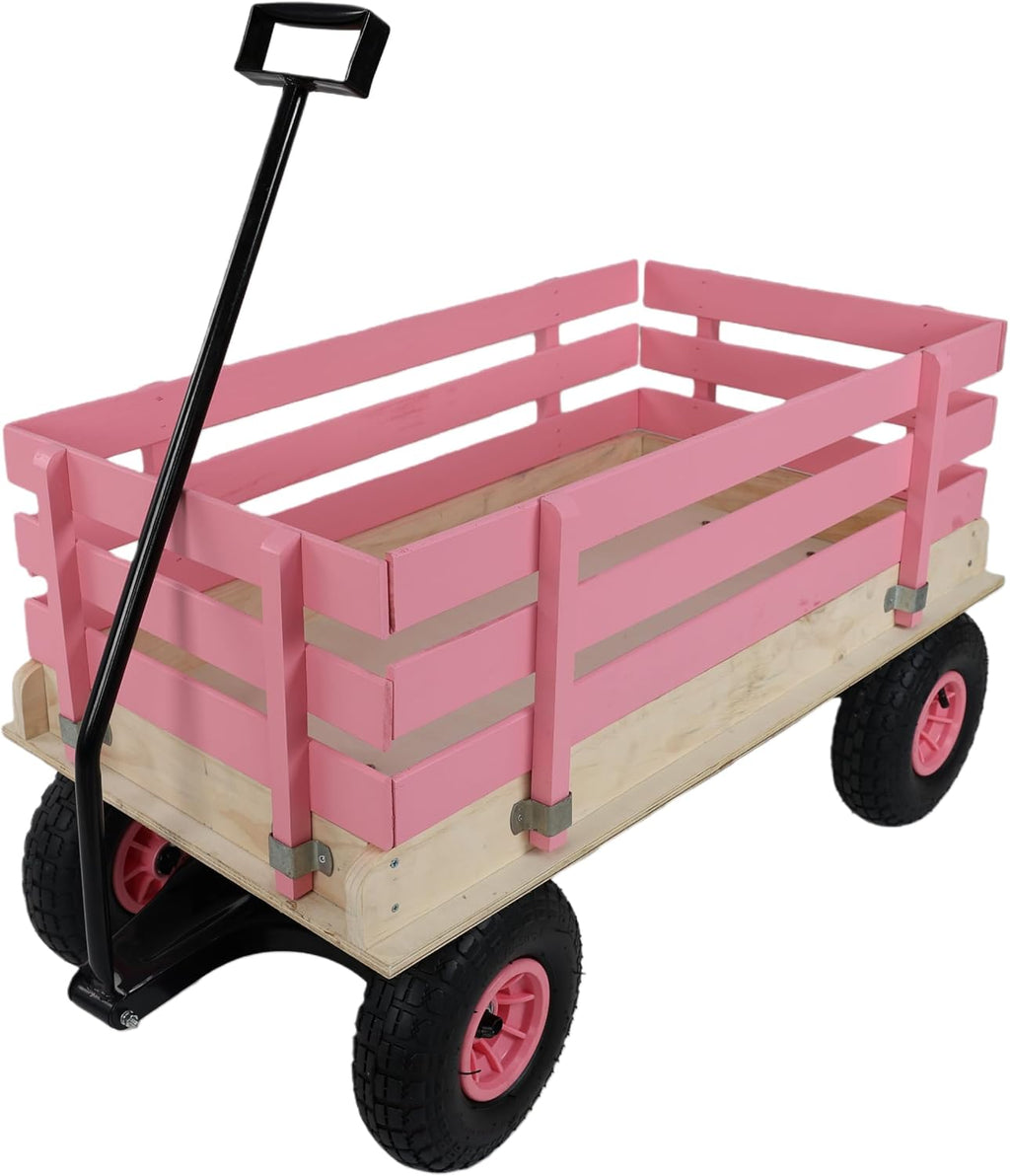 ZeHuoGe Outdoor Sport Wooden Wagon All Terrain Pulling with Removable Wooden Side Panels Rubber Inflatable Tires, Pull-Along Wagons (Pink)