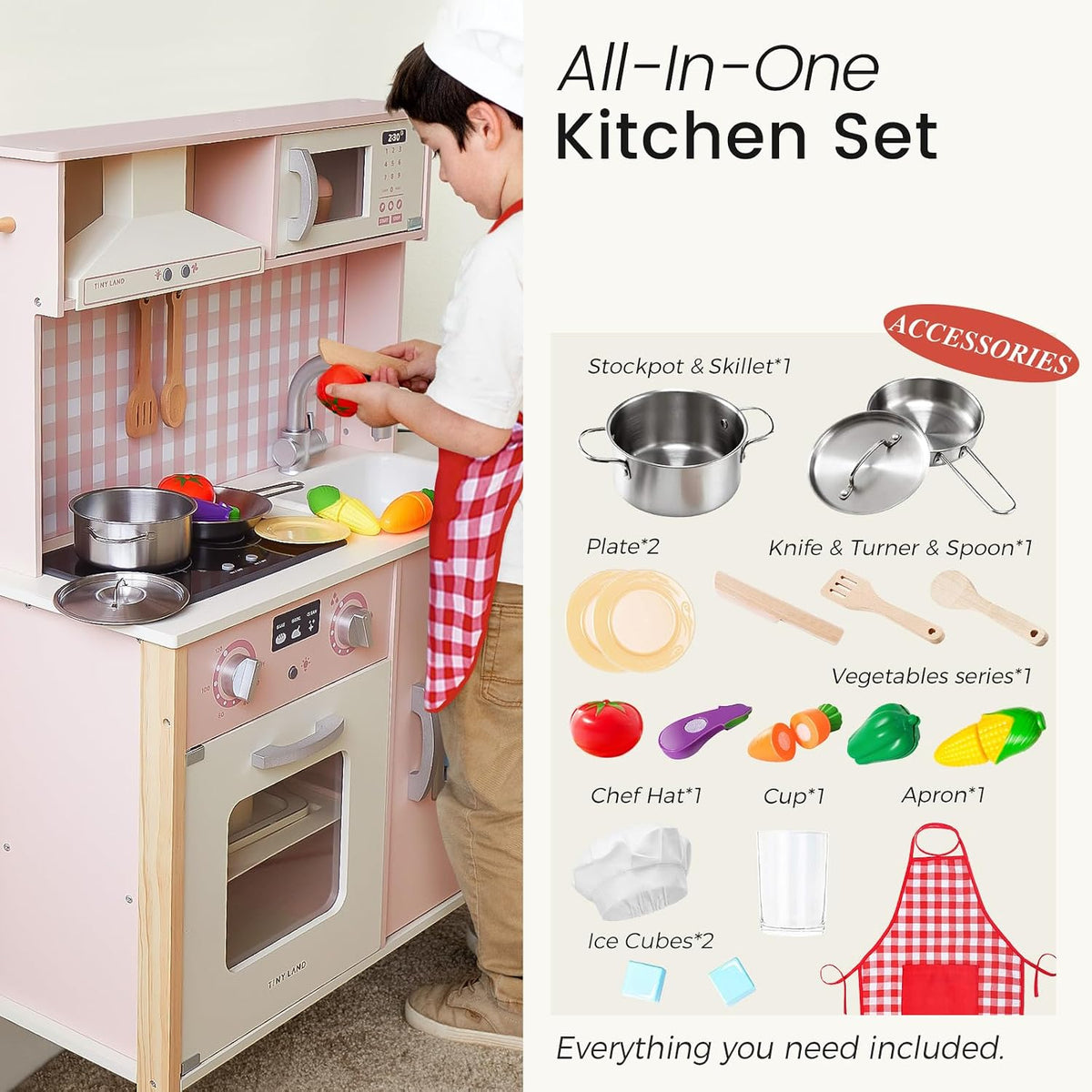 Tiny Land Kids Kitchen Playset, Height Adjustable Wooden Play Kitchen Set w/Real Lights & Sounds, 18 Pcs Toy Food & Cookware Accessories, Ideal Role Play Toy Gift for Toddlers Girls Ages 3-8, Pink