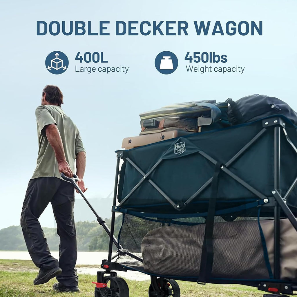 TIMBER RIDGE 400L Large Capacity Folding Double Decker Wagon with Brakes, 54' Extra Long Extender Wagon Cart, 450lbs Heavy Duty Collapsible Cart, All-Terrain Big Wheels for Camping, Sports, Shopping
