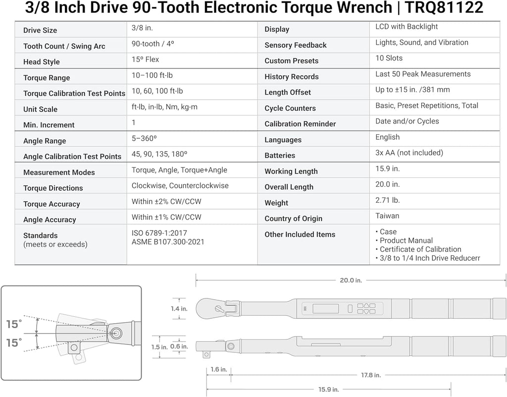 TEKTON 3/8 Inch Drive 90-Tooth Flex Head Dual-Direction Electronic Torque Wrench (10-100 ft-lb) | TRQ81122