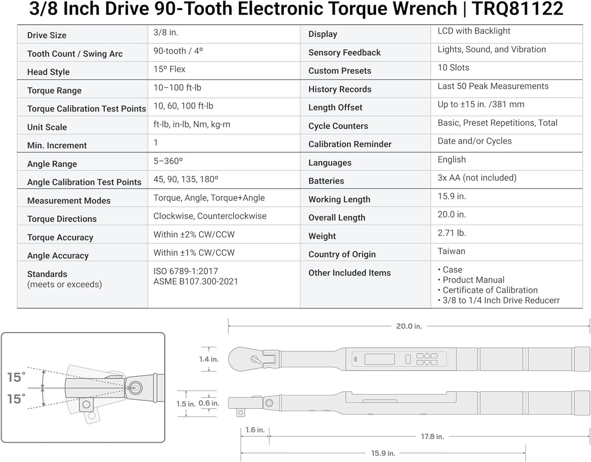 TEKTON 3/8 Inch Drive 90-Tooth Flex Head Dual-Direction Electronic Torque Wrench (10-100 ft-lb) | TRQ81122