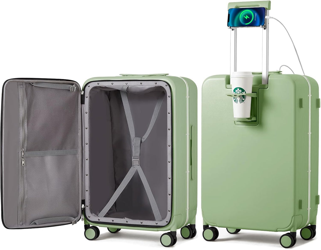 mixi Large Checked Luggage with Cup Phone Holder and Charger Hard Shell Suitcases with Spinner Wheels, 26 Inch Avocado Green