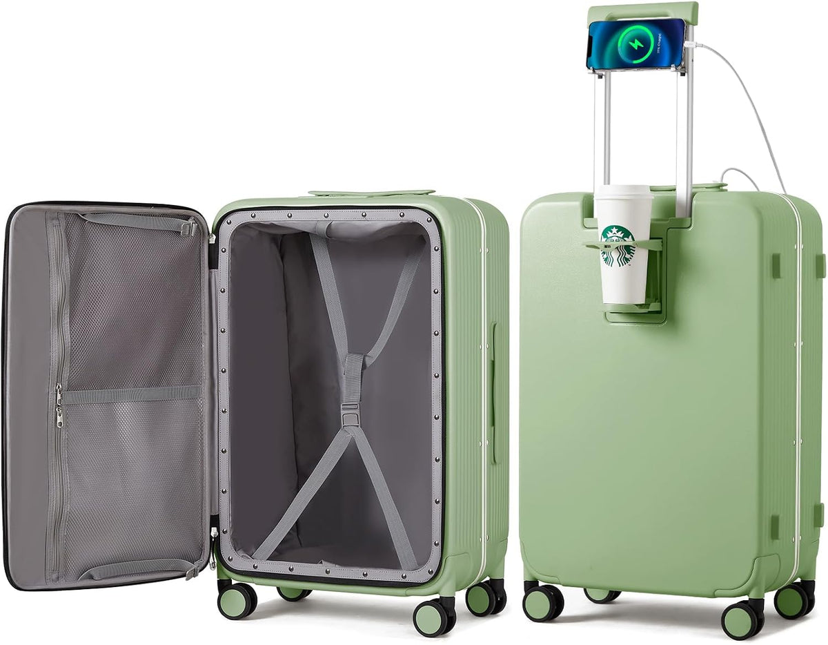 mixi Large Checked Luggage with Cup Phone Holder and Charger Hard Shell Suitcases with Spinner Wheels, 26 Inch Avocado Green