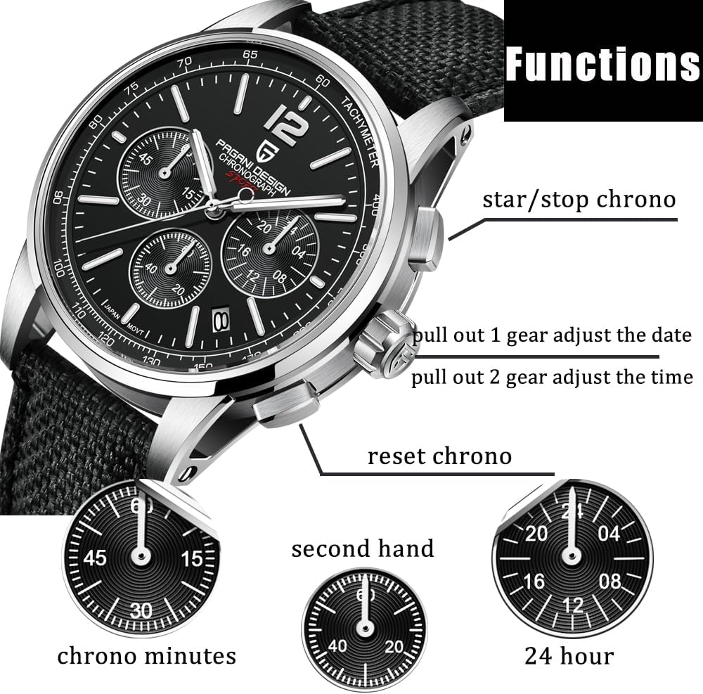 Pagani Design Men's Watch, Quartz Chronograph, 100M Water Resistant Stainless Steel Case, 40mm Dial Diameter, Sapphire Glass, Nylon Strap, Sporty Casual