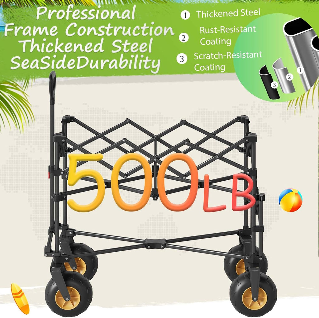 Beach Wagon with Big Wheels for Sand,Heavy Duty Double Decker Wagon with Extender,400L Extra Large Foldable Wagon Cart with 9' All Terrain Inflatable Tires,for Beach Camping Garden and Sports, Black