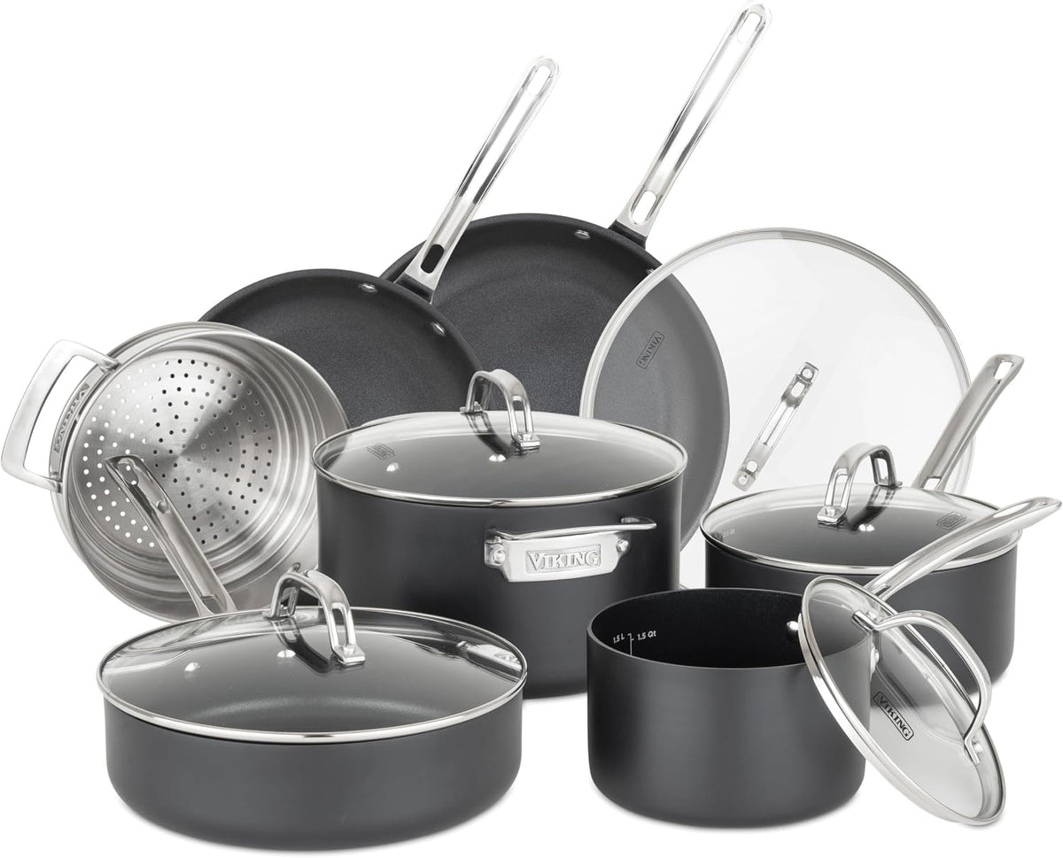 Viking Cookware Set, 12 Piece Hard Anodized Ceramic Nonstick Kitchen Cookware with Glass Lids, Made without PFAS, Oven Safe, Induction Ready
