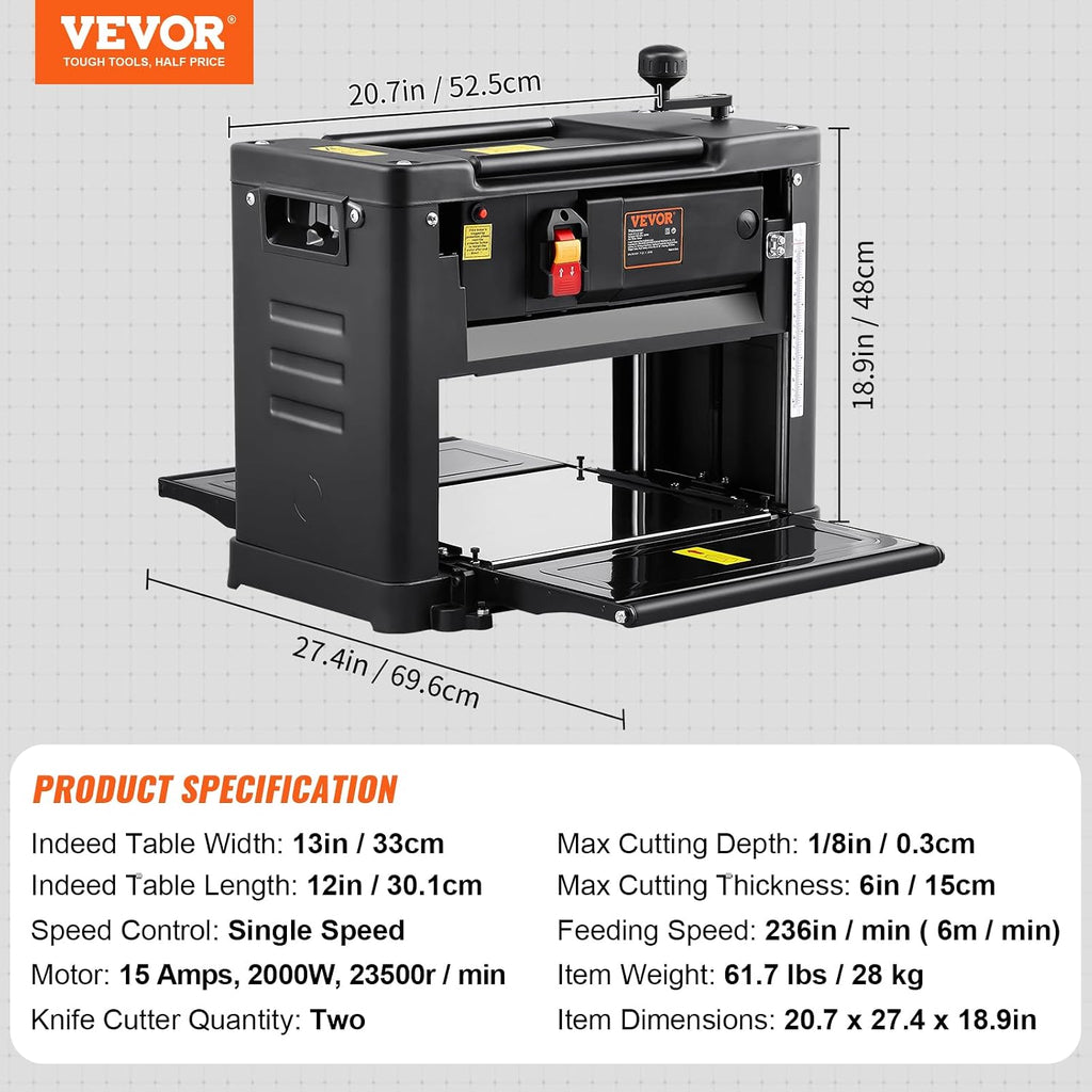 VEVOR Thickness Planer, Two-Blade, 13' Width Worktable Benchtop Planer, 15-Amp 2000W Powerful Motor, 12' Extended Infeeding Table, Low Noise for both hard & soft wood material removal