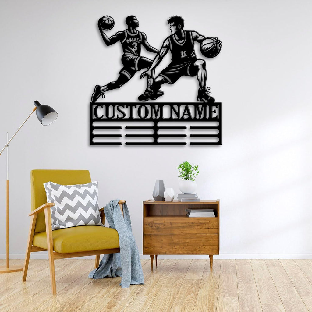 Custom Basketball Medal Holder LED Light, Basketball Player Name Medal Hanger Display, Rack For Tiered Award Ribbon, Metal Sign Gift For Athlete