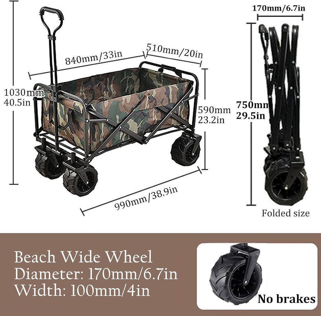 Camouflage Garden Carts,Collapsible Wagon,Sports Outdoor Utility Wagon Garden Wagon Sports Steel Frame Foldable Yard Car Camping Cart BBQ with Side Pockets and Beach Wheel