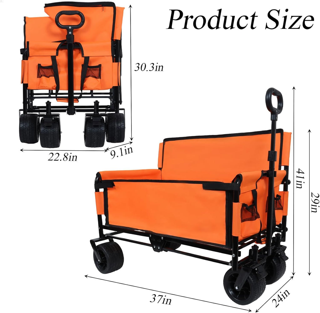3-in-1 Convertible Folding Wagon Cart with Bench Seat & Storage - 500lbs Heavy-Duty Utility Wagon, 180L Capacity All-Terrain Wheels for Camping, Beach, Sports, Garden (Orange)