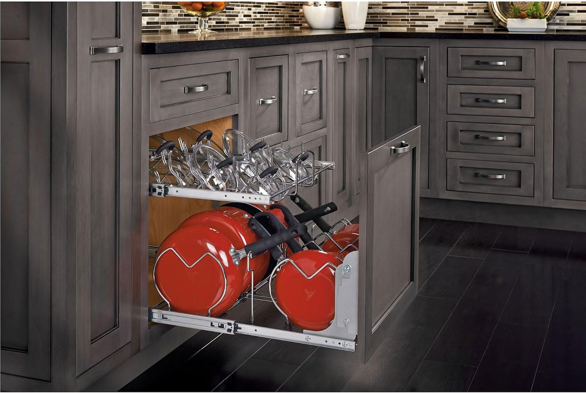 Rev-A-Shelf 2-Tier Kitchen Cabinet Pullout, Cabinet Organizer for Pots, Pans, and Lid Cookware, Adjustable Heavy Duty Wire, Chrome, Min Opening Width of 20.5', 5CW2-2122-C