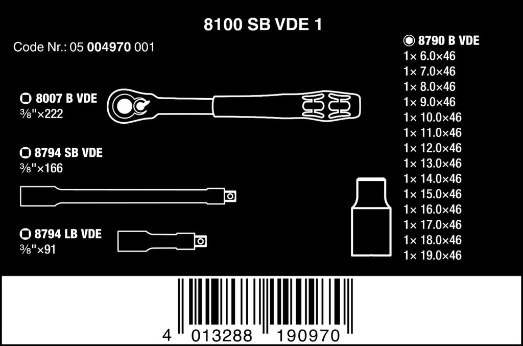 Wera 05004970001 8100 SB VDE 1 Zyklop Ratchet set, insulated, switch lever, 3/8' drive, metric, 17 pieces
