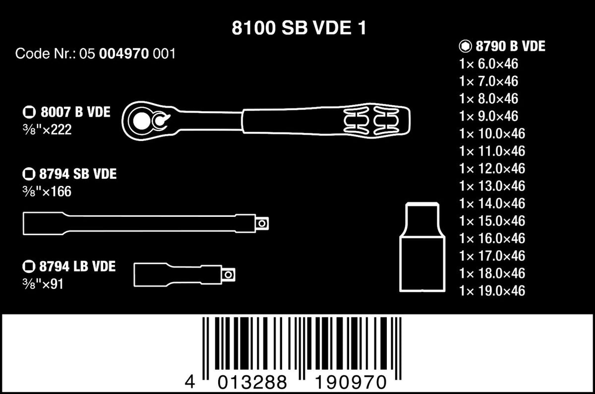 Wera 05004970001 8100 SB VDE 1 Zyklop Ratchet set, insulated, switch lever, 3/8' drive, metric, 17 pieces