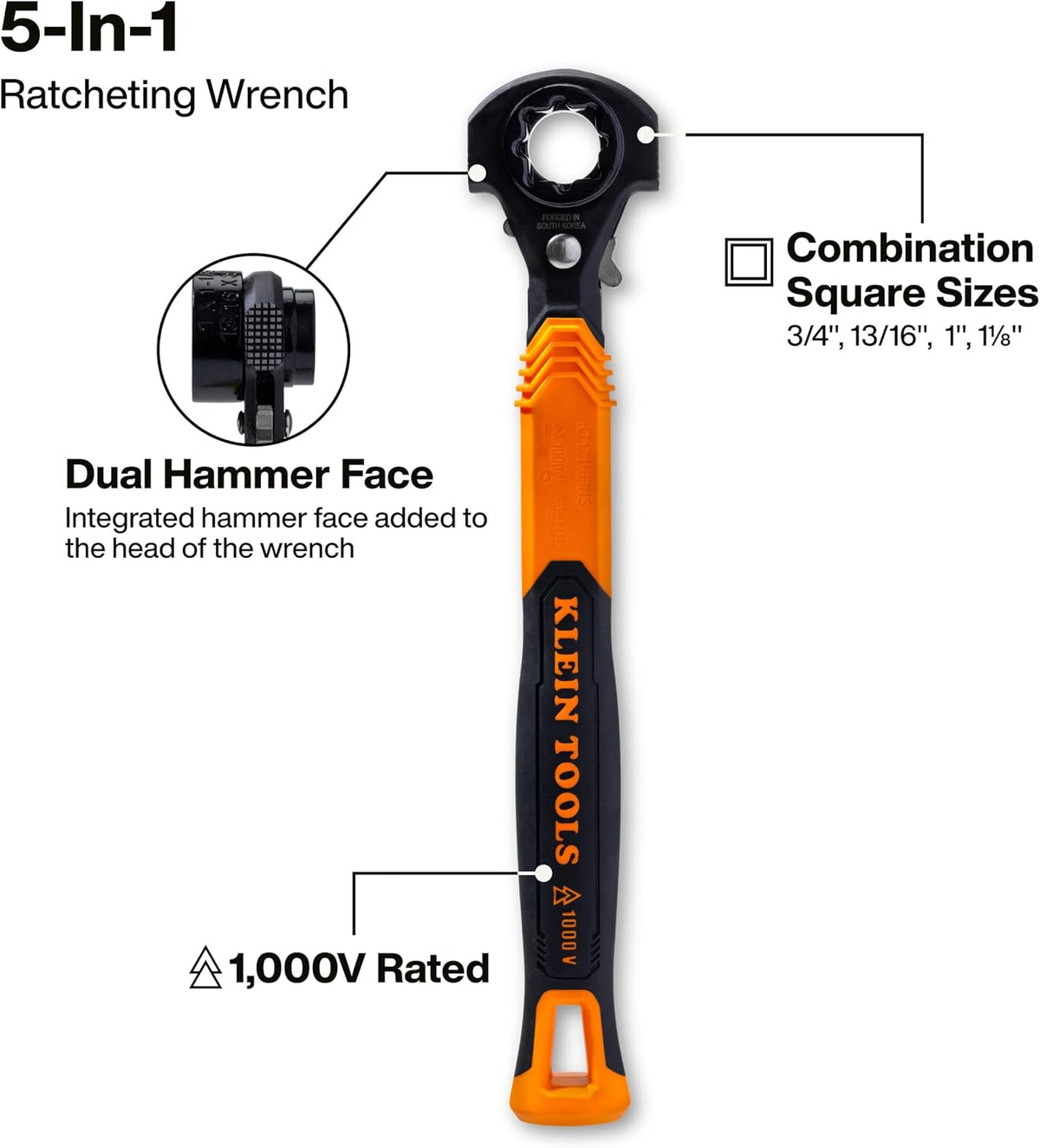 KLEIN TOOLS KT171HFINS 5-in-1 Insulated Lineman Wrench with Dual Hammer Faces, 1000V Rated, Ratcheting Pass-Through Design, Tether Hole, Ergonomic Grip for Utility Pole Hardware