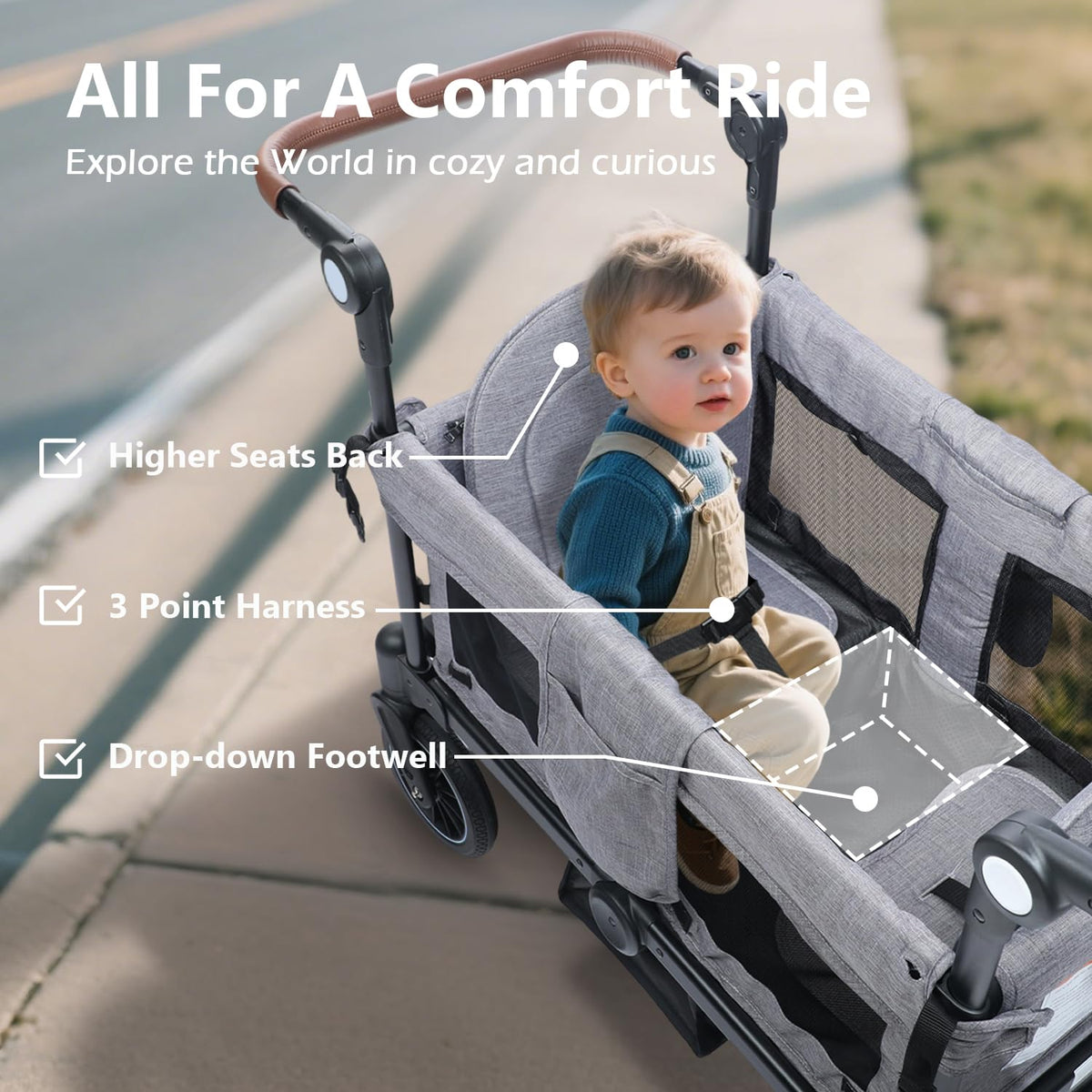 Kinder King Folding Wagon Stroller for 2 Kids, All-Terrain 2 Seater Stroller Wagon Outdoor, Removable Canopy, Adjustable Handle, Shock-Absorbing Wheel, Detachable Tray, Parent Organizer, Gray