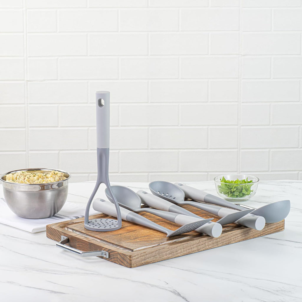 Restaurantware Silicone Utensil Set Pack of 10 Non-Slip Handle 6-Piece Nylon Kitchen Tool Set, Heat-Resistant Dishwasher-Friendly Cooking Accessories, Durable Gray and White Cooking Utensils