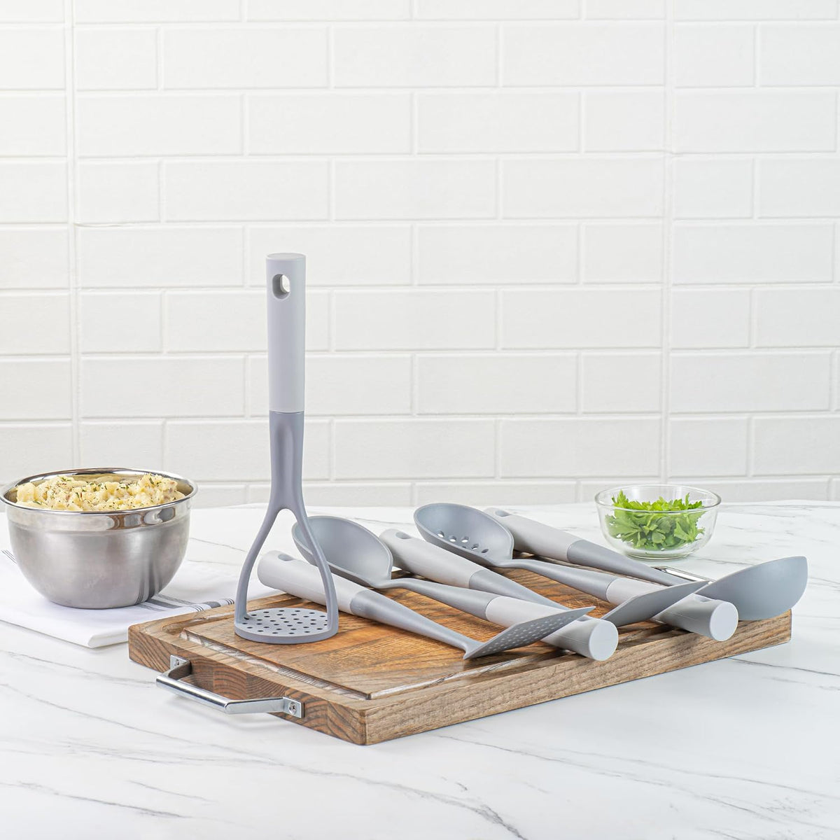 Restaurantware Silicone Utensil Set Pack of 10 Non-Slip Handle 6-Piece Nylon Kitchen Tool Set, Heat-Resistant Dishwasher-Friendly Cooking Accessories, Durable Gray and White Cooking Utensils
