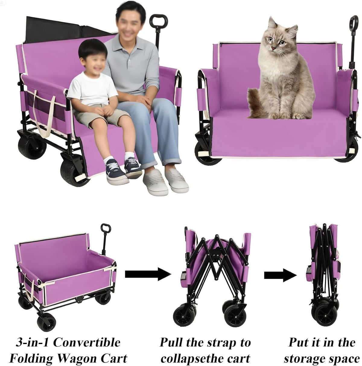 3-in-1 Convertible Folding Wagon Cart with Bench Seat & Storage - 500lbs Heavy-Duty Utility Wagon, 180L Capacity All-Terrain Wheels for Camping, Beach, Sports, Garden (Purple)
