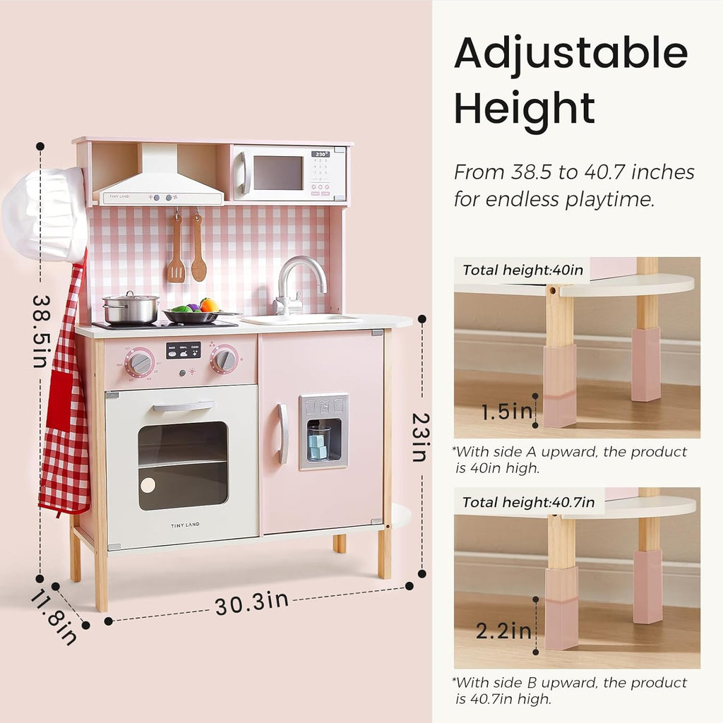 Tiny Land Kids Kitchen Playset, Height Adjustable Wooden Play Kitchen Set w/Real Lights & Sounds, 18 Pcs Toy Food & Cookware Accessories, Ideal Role Play Toy Gift for Toddlers Girls Ages 3-8, Pink