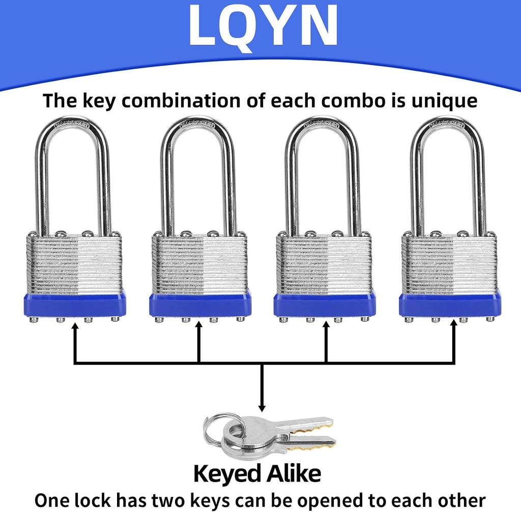 Padlocks with Same Key, LQYN 100 Pcs Laminated Keyed Padlock (1-9/16', 40mm), Keyed Alike Locks, Long Shackle, for Storage Locker, Hasp Latch, Toolbox, Sheds