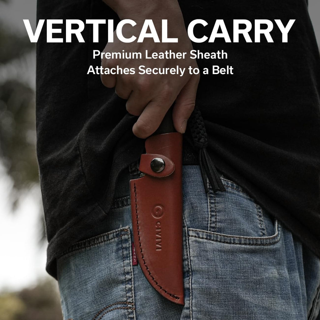 CIVIVI EDC Fixed Blade Knife with Leather Sheath, 4.6' Nitro-V Blade G10 Handle, Full Tang Cloud Peak Knife with Lanyard and Nickel Silver Guard C23044-2 (Green)